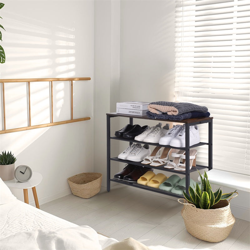 3-tier Shoe Rack With Grid Rack Wooden Rustic Foyer Shoe Rack With Coat Hook, Suitable For The Steel Frame Of The Living Room Mud Room At The Front Door Of The Corridor