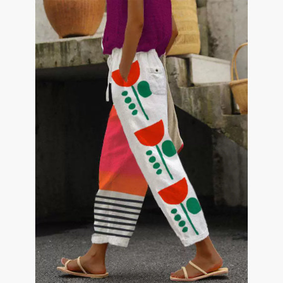 Women's Cotton And Linen Printing Paste Bags Casual Pants