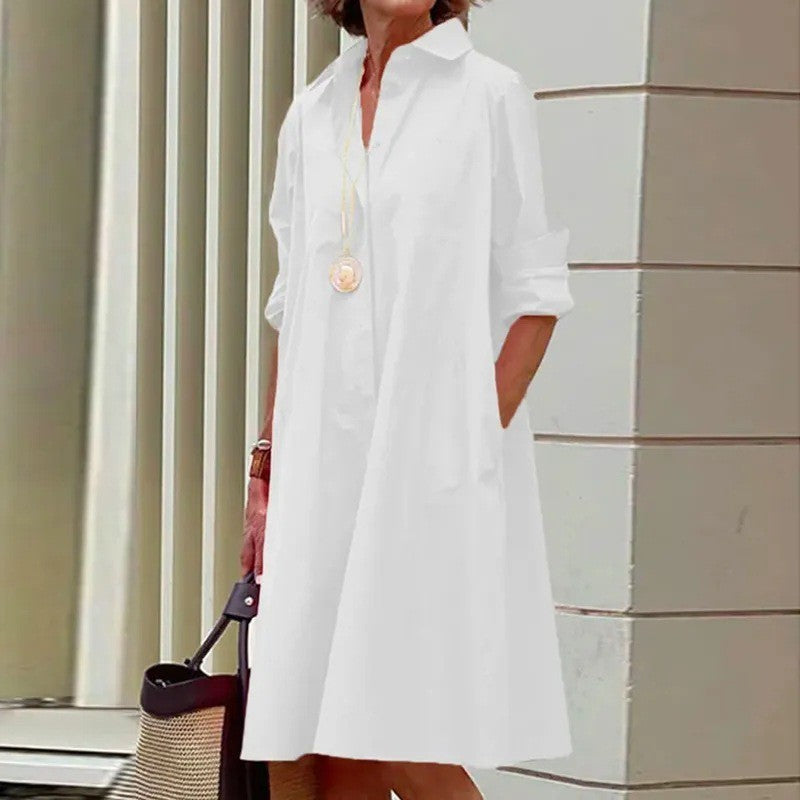 New Long Shirt Solid Color Temperament Commute Simple Lapel Cardigan Dress