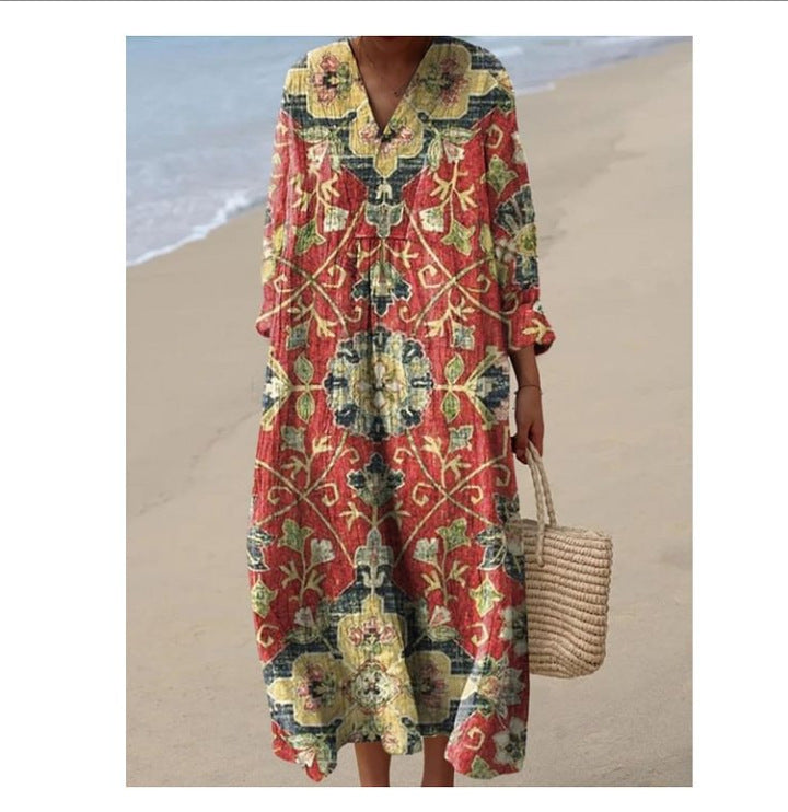 European And American Loose Fashion Advanced V-neck Printing Dress