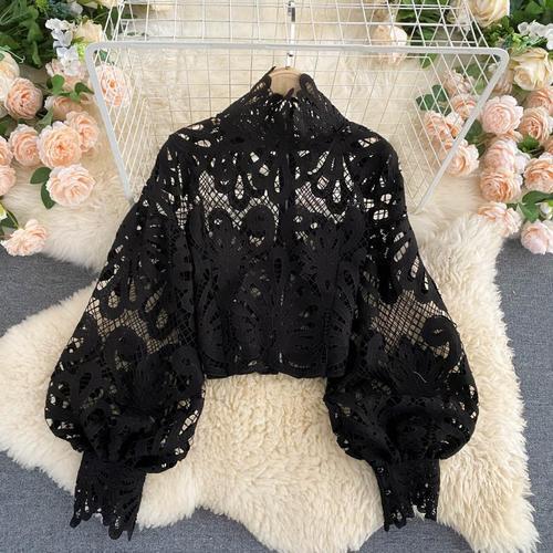 Design Sense Lace Hollow Top Stand-up Collar Puff Sleeve Loose Shirt