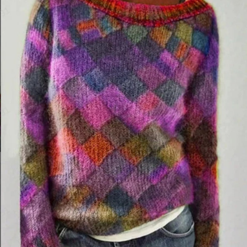 Printed Long Sleeve Collar Sweater Women's Polyester Multi-color Retro