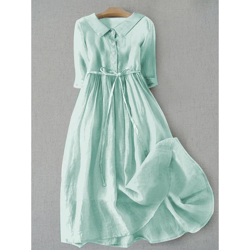 Women's French Retro Cotton And Linen Pleated Lace-up Skirt Dress