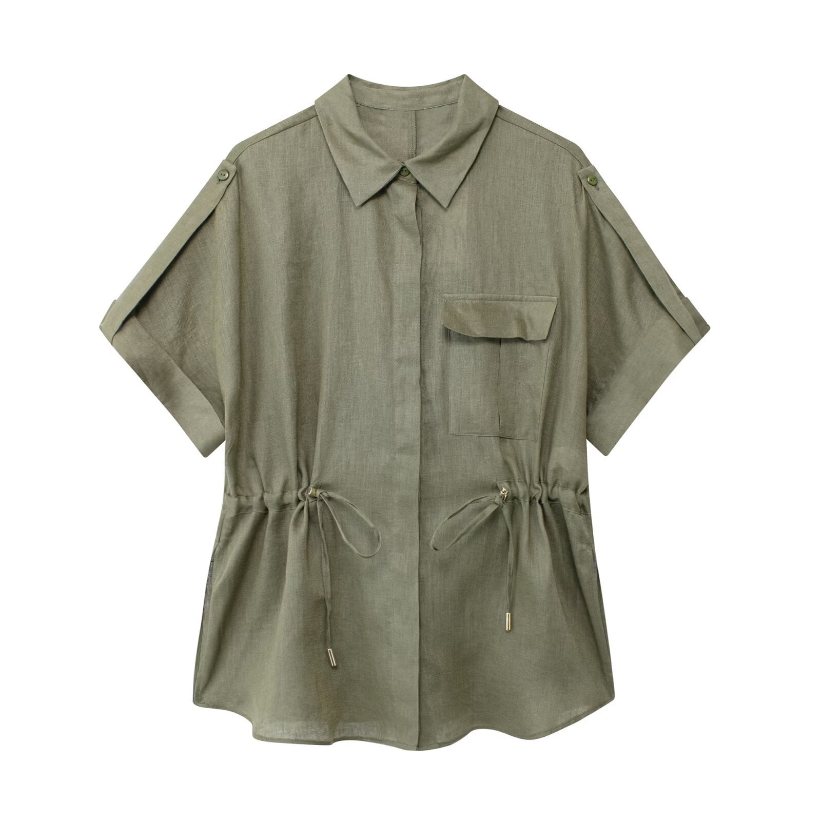 Europe And America Cross Border Women's Linen Adjustable Waist Shirt Straight-leg Pants Suit