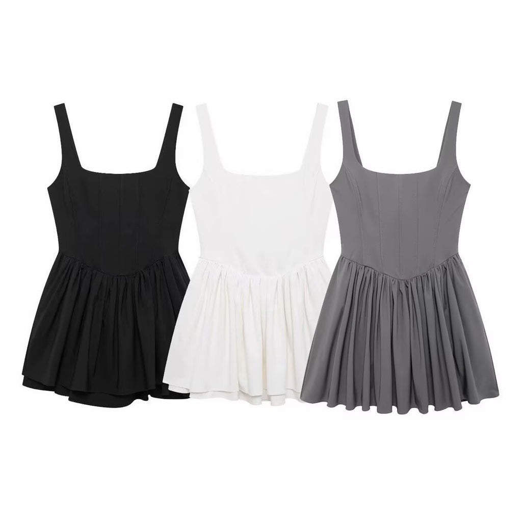 Fashion Solid Color Sleeveless Waist Trimming Spaghetti Straps Jumpsuit Skirt