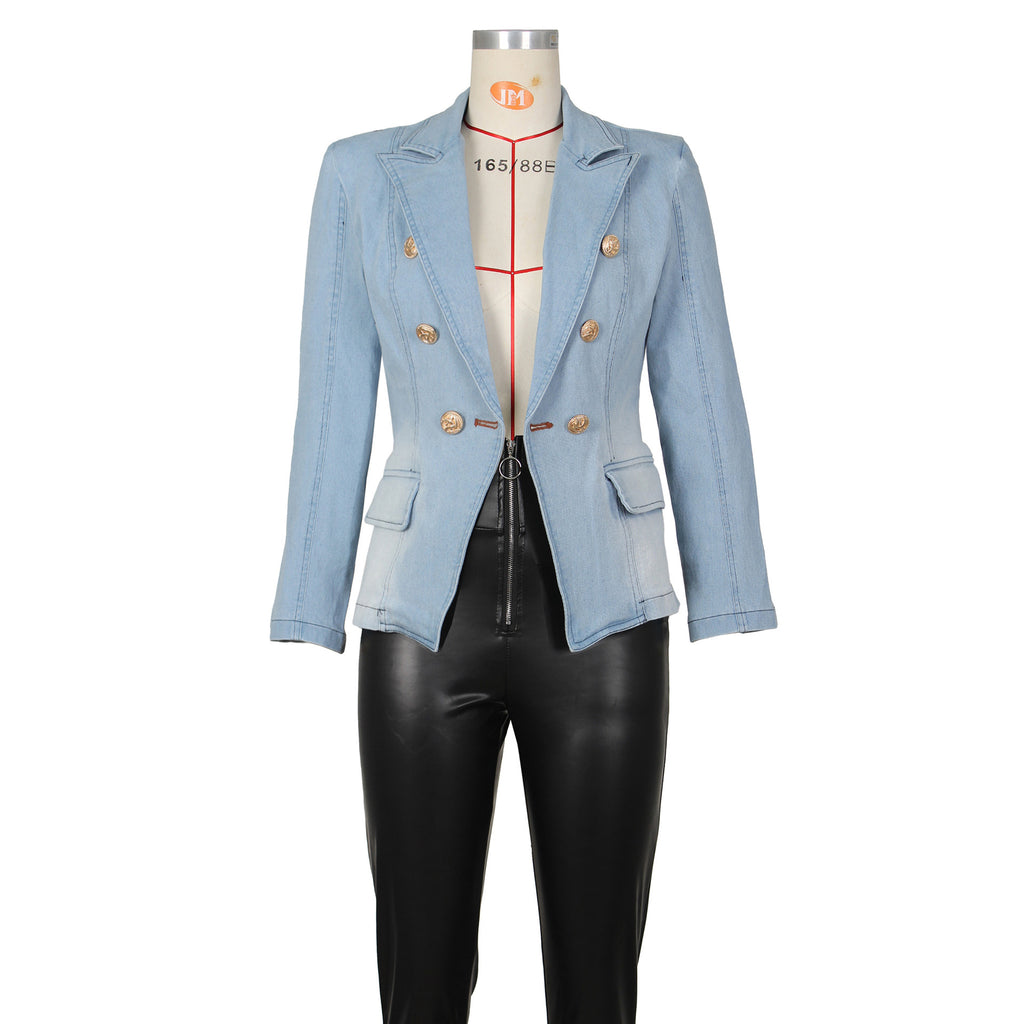 Women's European And American Slim Double-breasted Denim Suit Jacket