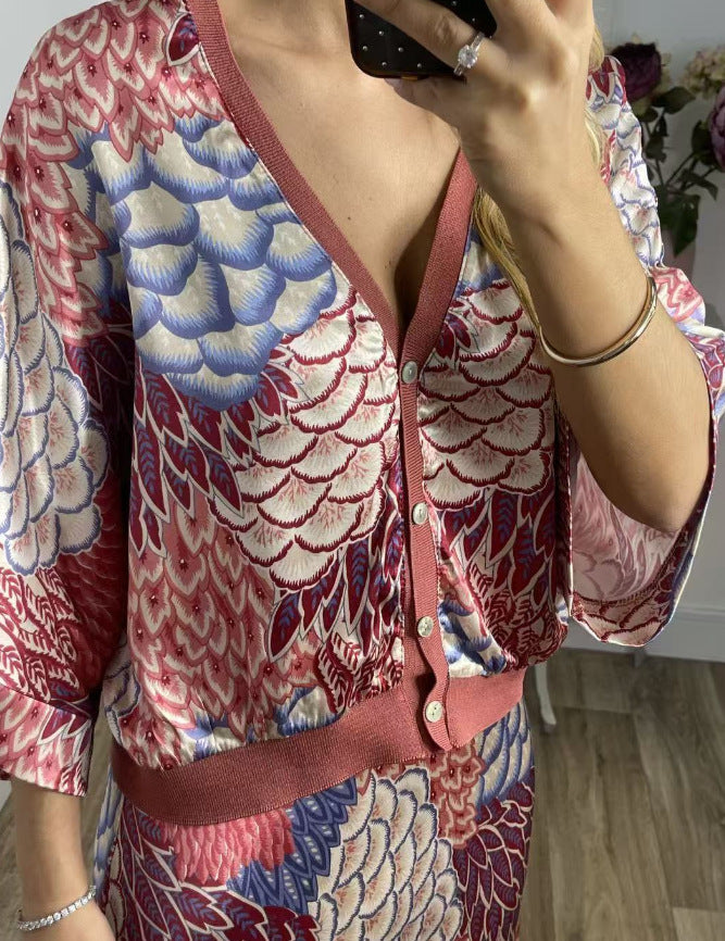 Elegant Home Satin Printed Short Sleeve Wrapped Skirt