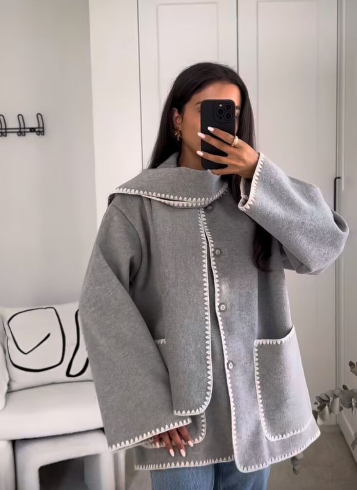 Women's Fashion Color Contrast Scarf Woolen Coat