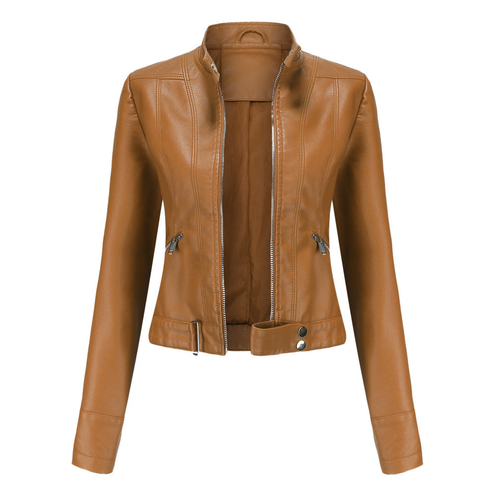 Ladies Leather Jacket With Stand-up Collar