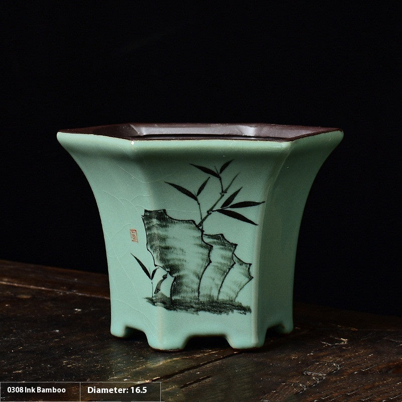 Celadon Hand Painted Ceramic Hexagonal Green Plant Pot