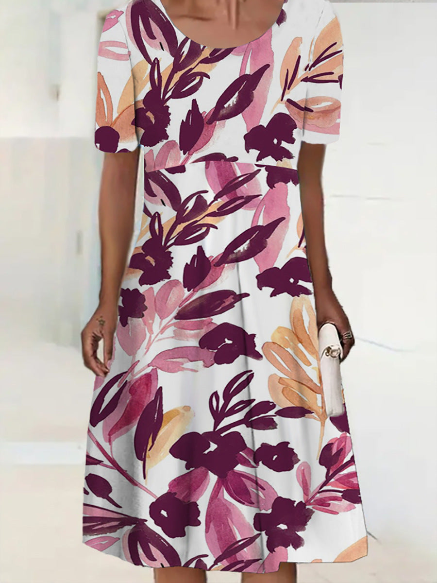 Women's Round Neck Short Sleeve Pleated Mid-length Dress