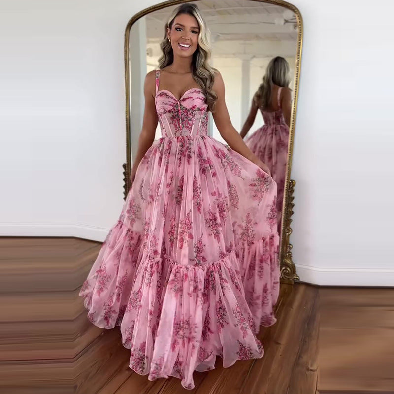 Cinched Waist Slim-fit Fashion Printed Large Swing Dress