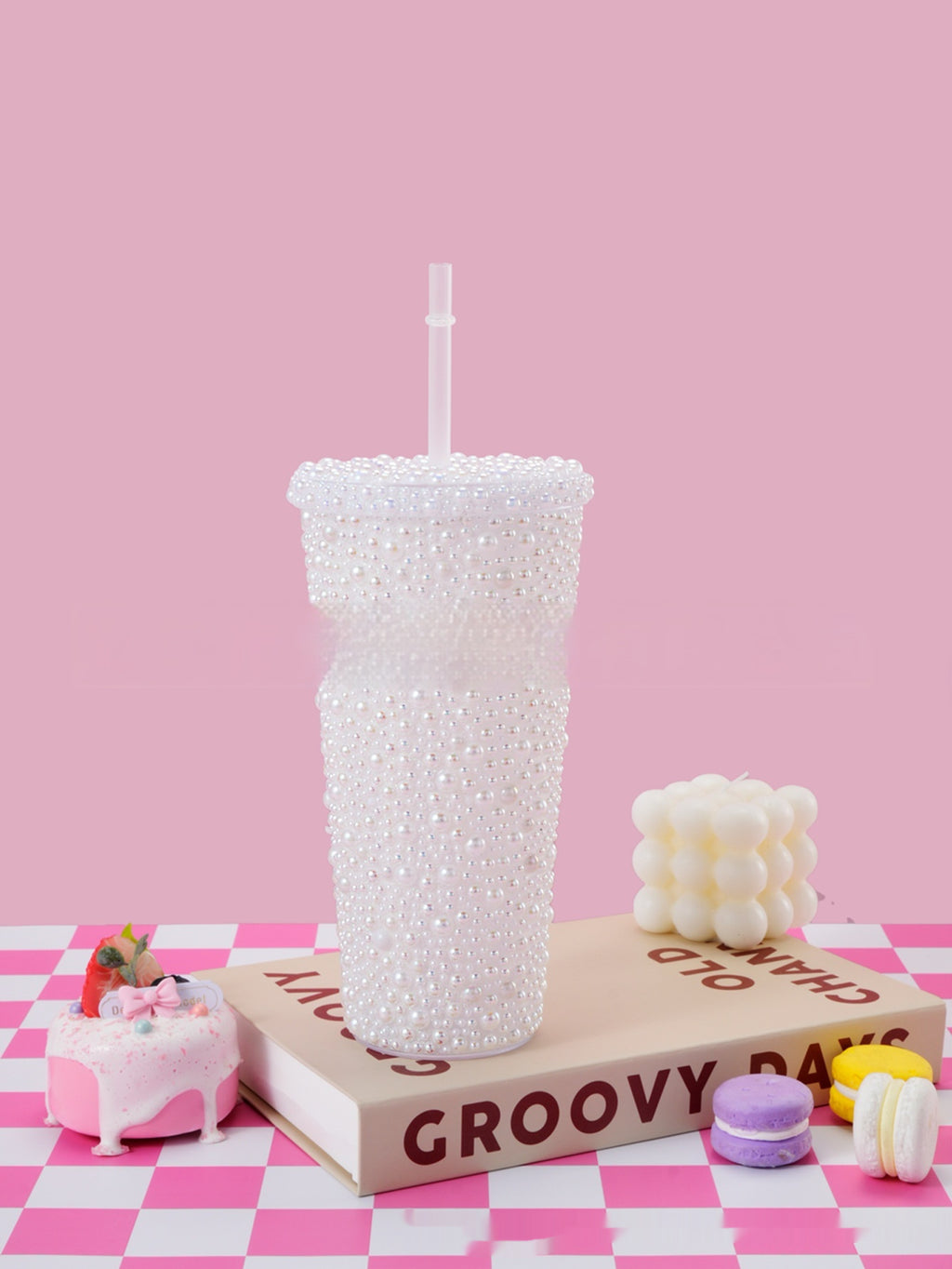 Stick-on Crystals Double-layer Large Capacity Cup With Straw