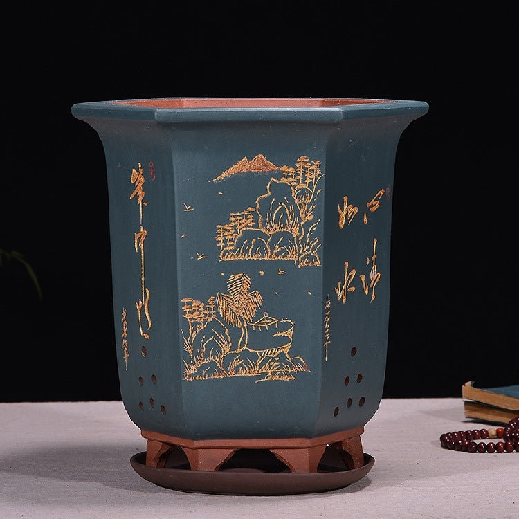 Fine Zisha Flowerpot Hand-carved Hexagonal