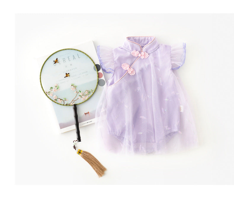 Baby Girl's Antique Style Buckle Mesh Feather Triangle Rompers Infant Onesie Dress