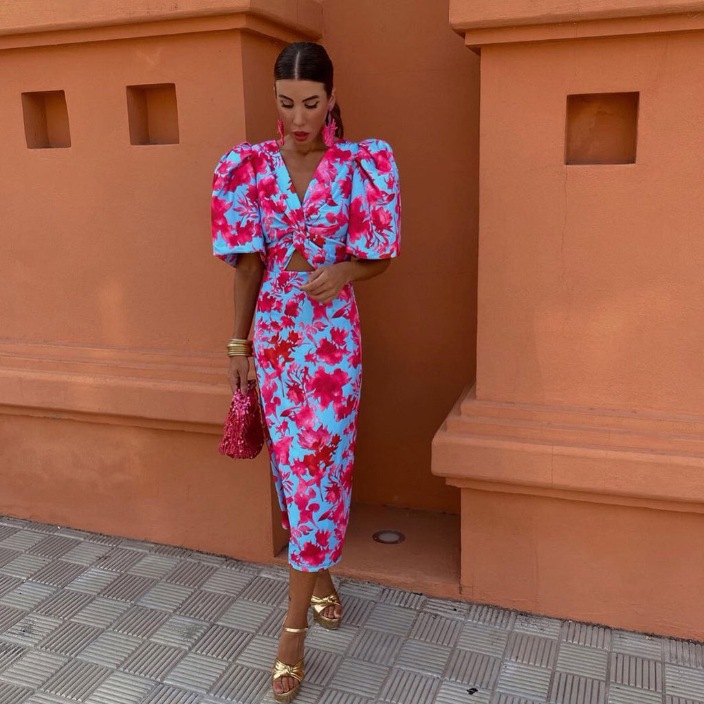 Women's Deep V-neck Slim-fit Short-sleeved Long Dress