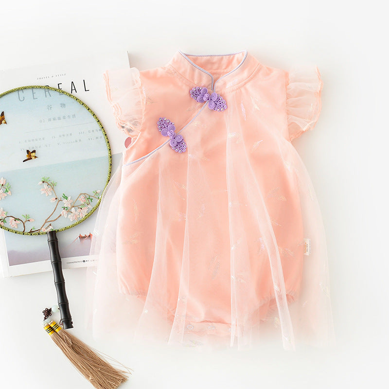 Baby Girl's Antique Style Buckle Mesh Feather Triangle Rompers Infant Onesie Dress