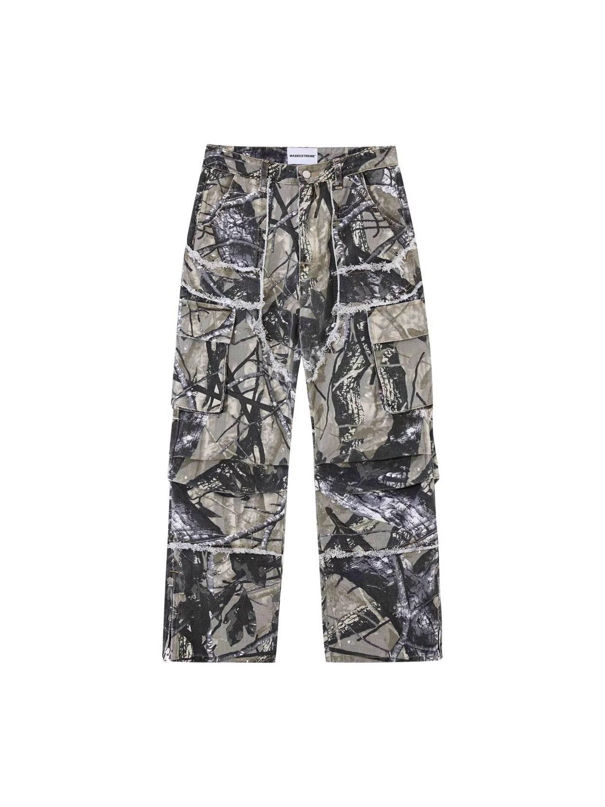 Camouflage Raw Hem Jeans Men And Women Multi-pocket Workwear