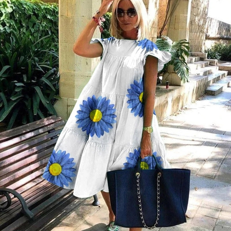 Foreign Trade Cross-border Sweet Holiday Floral Print A- Line Dress