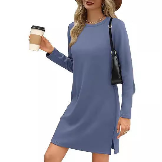 European And American Round Neck Slit Hemline At Hem Sweater Long Sleeve Casual Dress