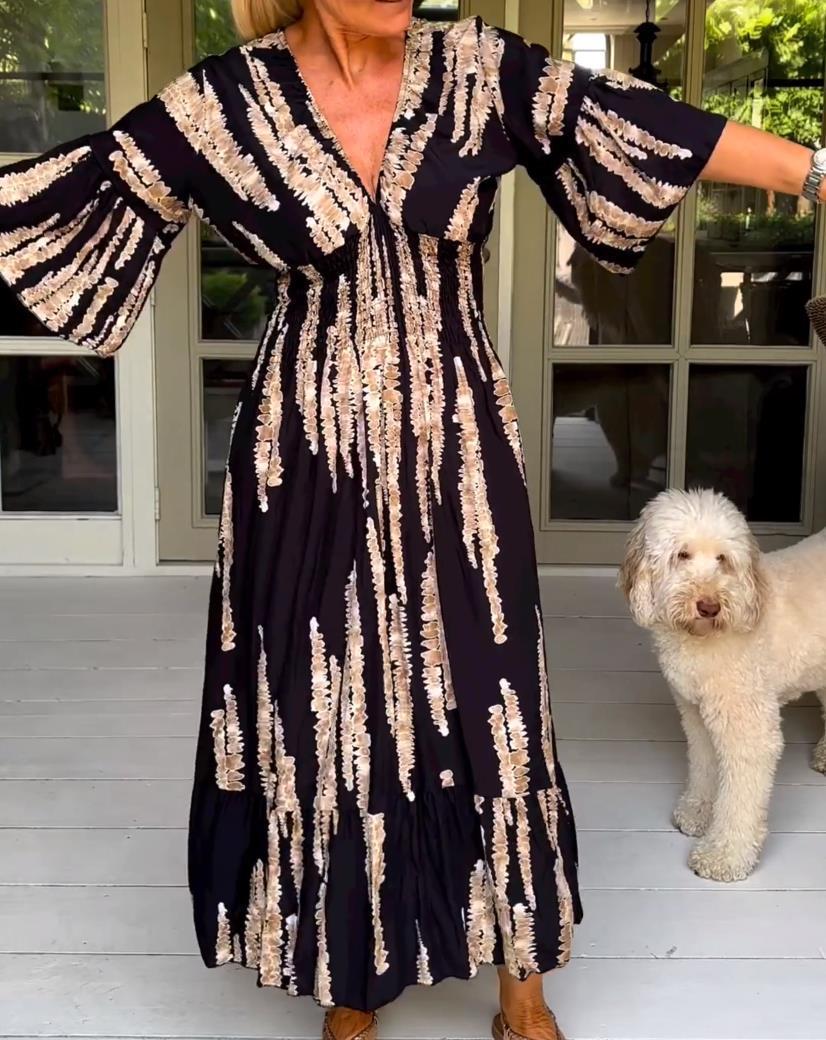 Fashion Flared Sleeves V-neck Printed Dress