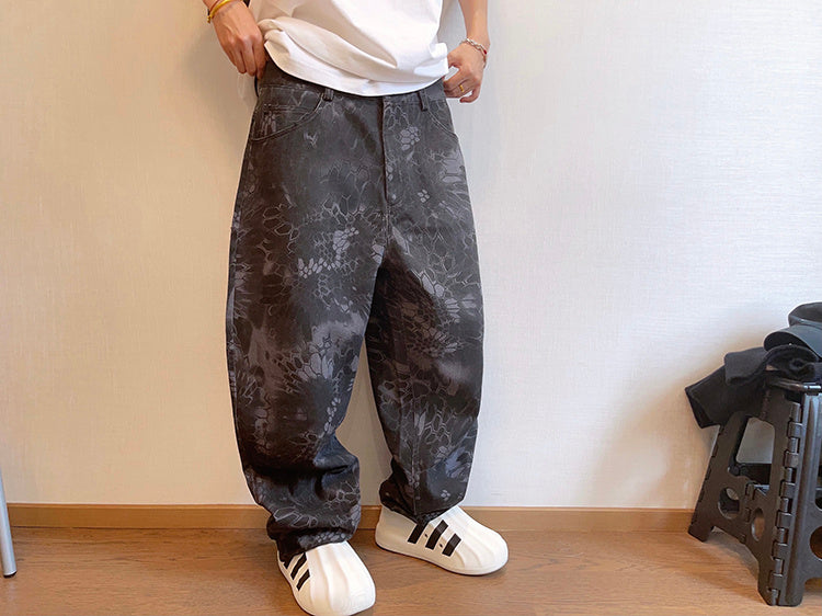 Spring Retro Canvas Snake Pattern Camouflage Heavy Washed Ruan Handsome Loose Casual Pants