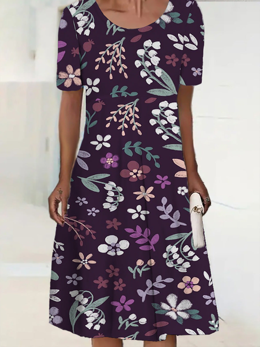 Women's Round Neck Short Sleeve Pleated Mid-length Dress