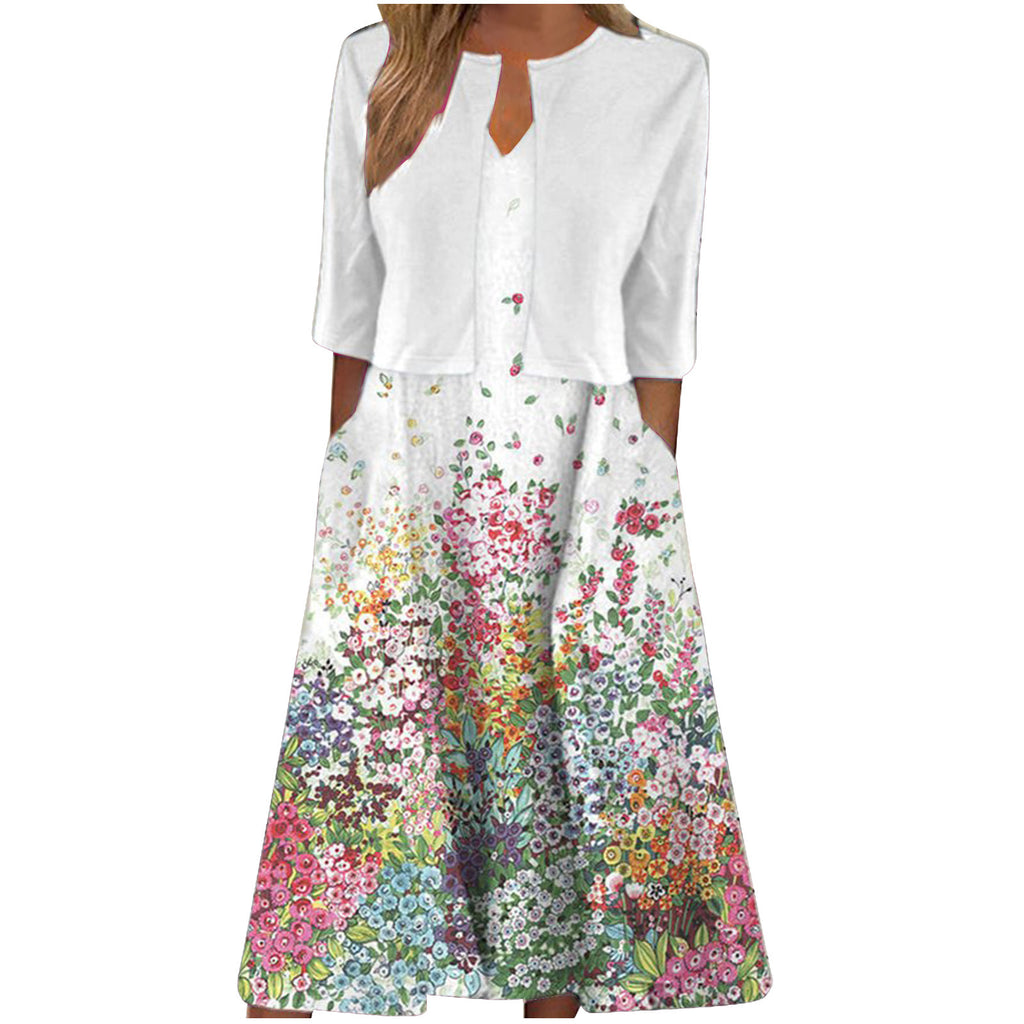 Ethnic Style Elegant Floral Print Vest Dress Cardigan Two-piece Set