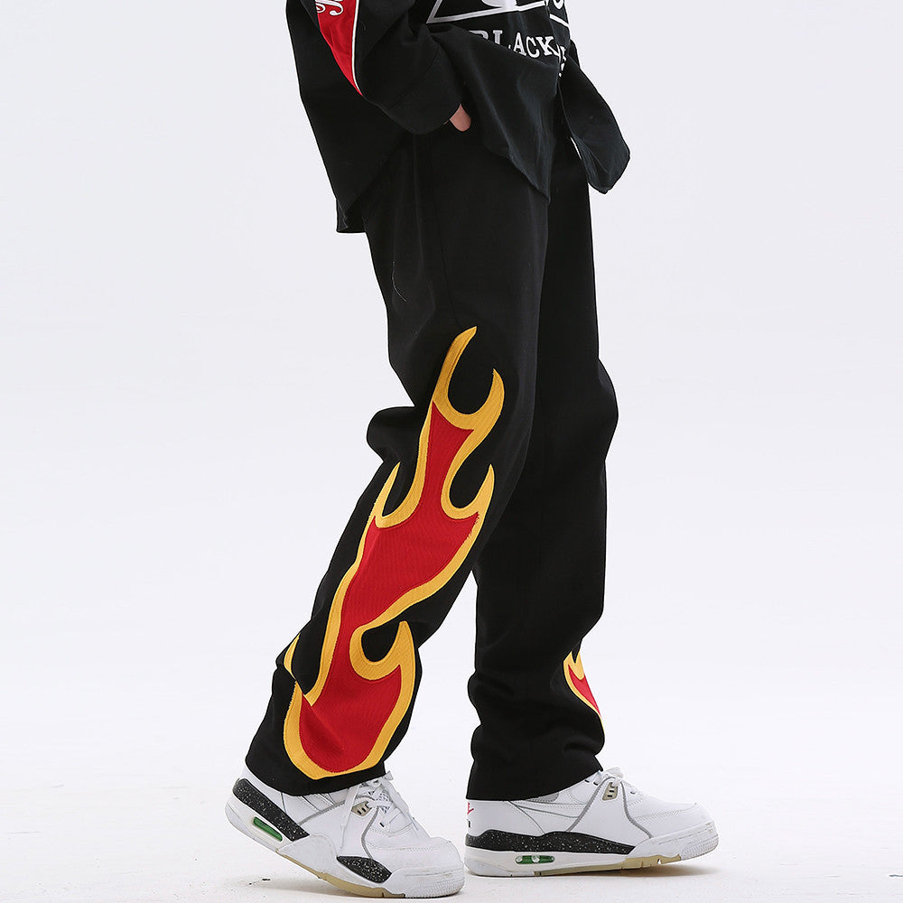 Embroidered Flame Casual Straight Pants
