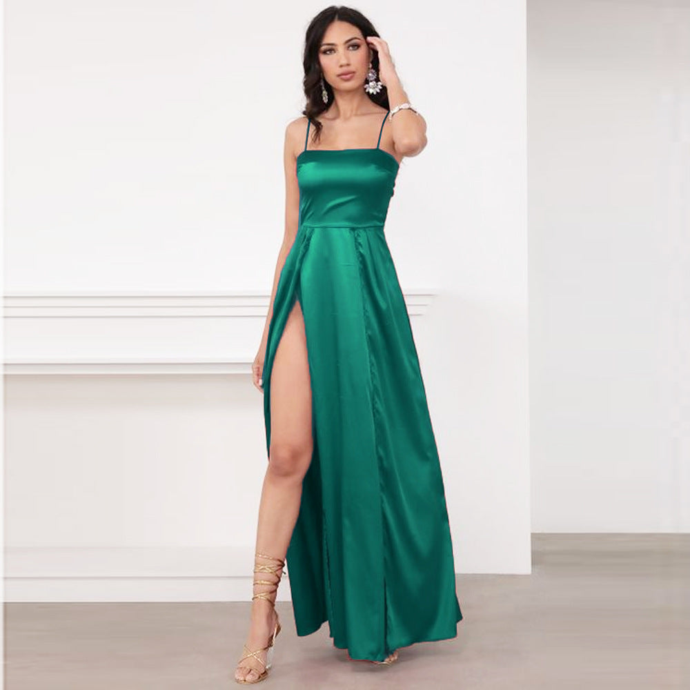 Satin Chest Wrap Backless Slit Slim Temperament Commute Solid Color Strap Type Dress