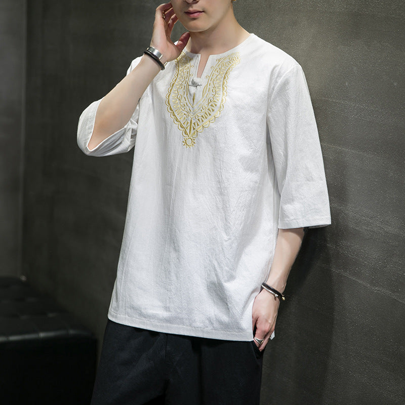 Embroidered National Tide Five-point Sleeve T-shirt