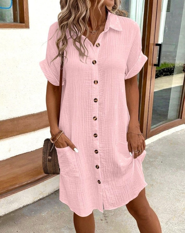 Summer Simplicity V-neck Buttons Cotton Linen Women's Shirt Dress