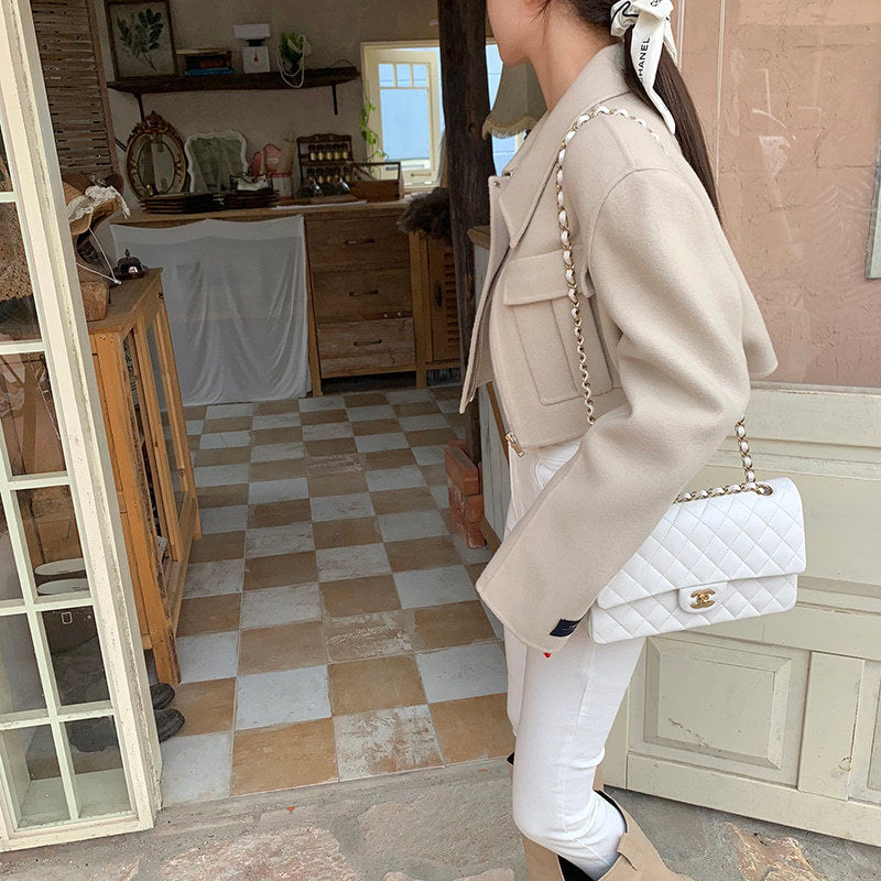 French Style Design Flap Pocket Zipper Short Woolen Coat
