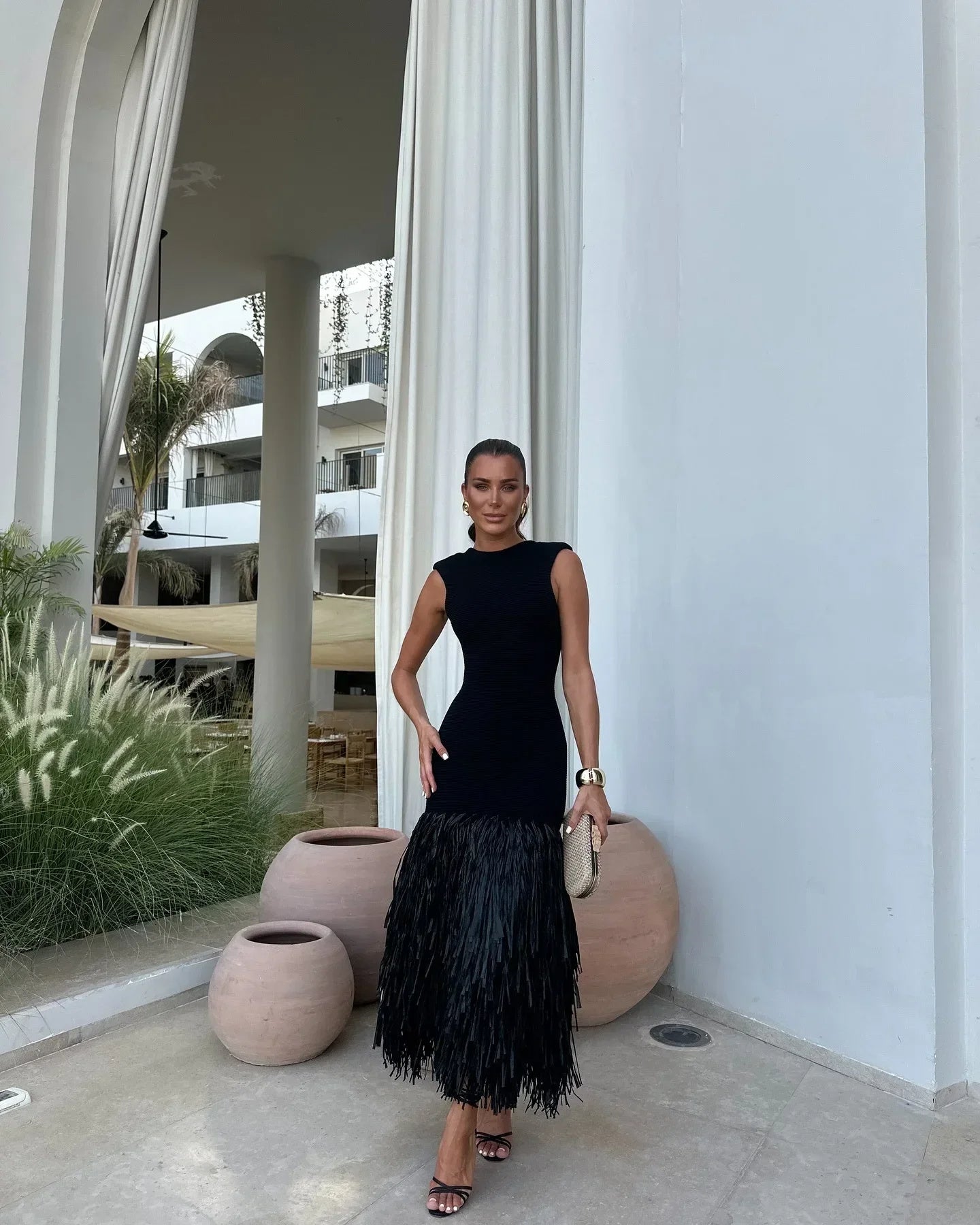 Solid Color Hem Fringe Knitted Halter Dress