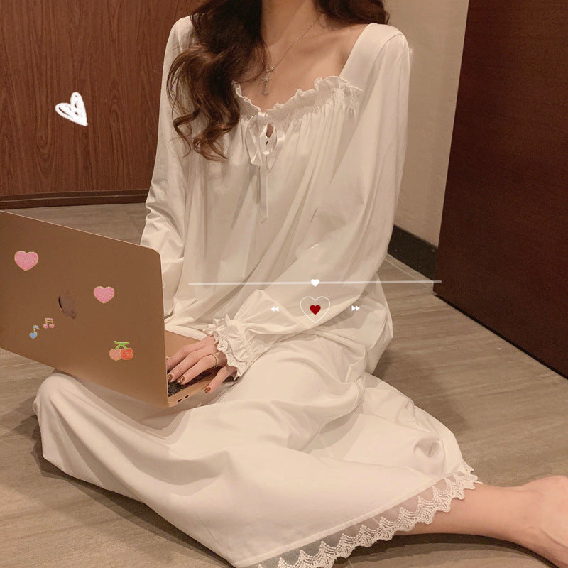 Long Sleeve Nightdress Female Princess Style Lace Cute Girly Heart