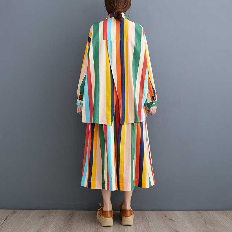 Loose Artistic Color Stripes Irregular Shirt Big Hem Skirt Two-piece Set
