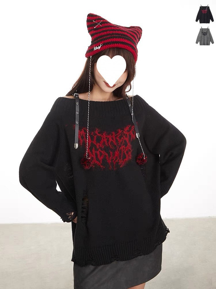 Women's Water Washing Craft Ripped Off-shoulder Sweater