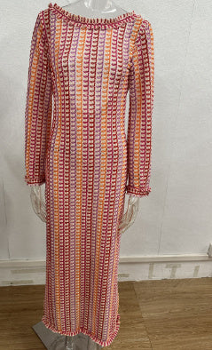 Popular Contrast Color Lace Backless Long Sleeve Dress