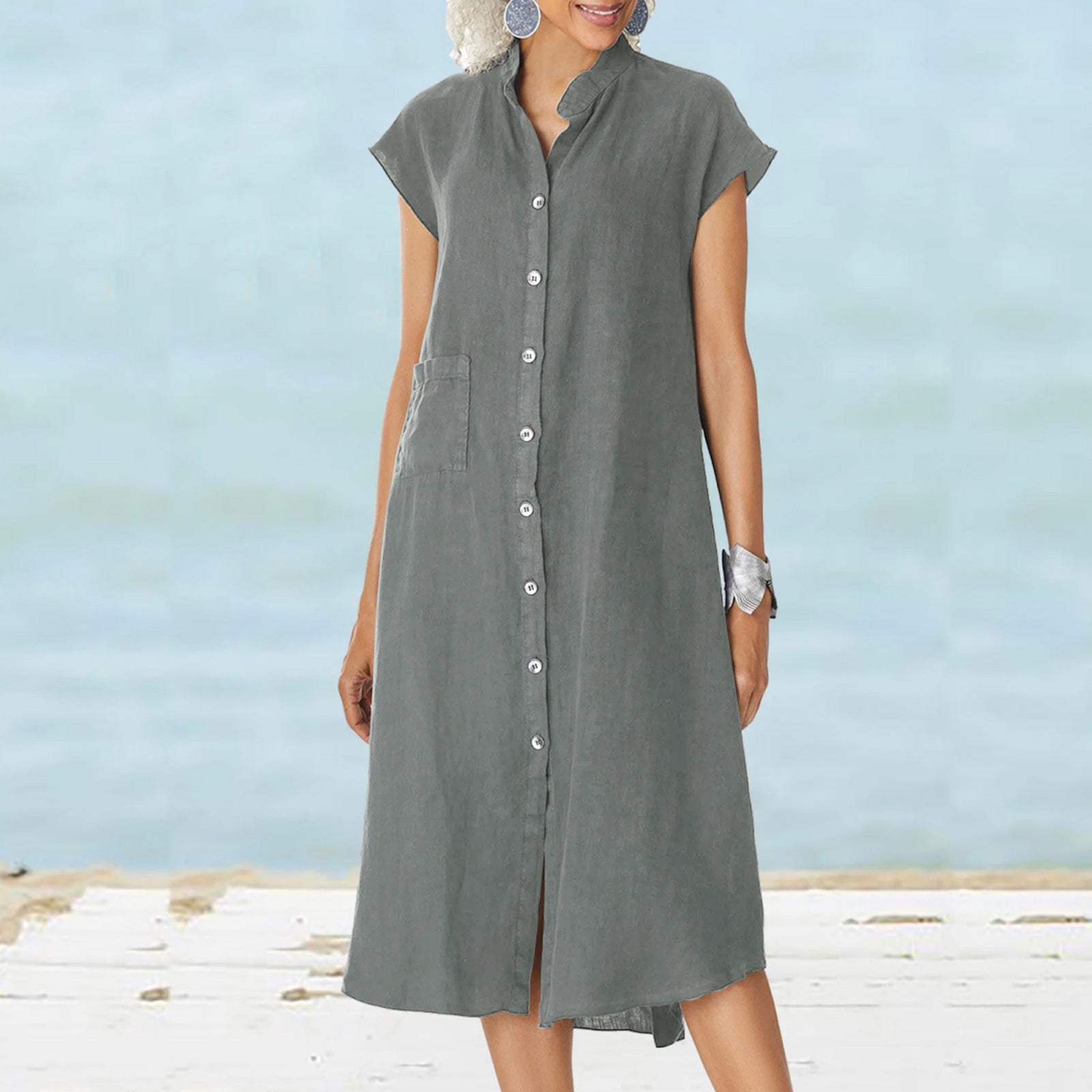 Cardigan Stand Collar Single-breasted Cotton And Linen Pocket Dress