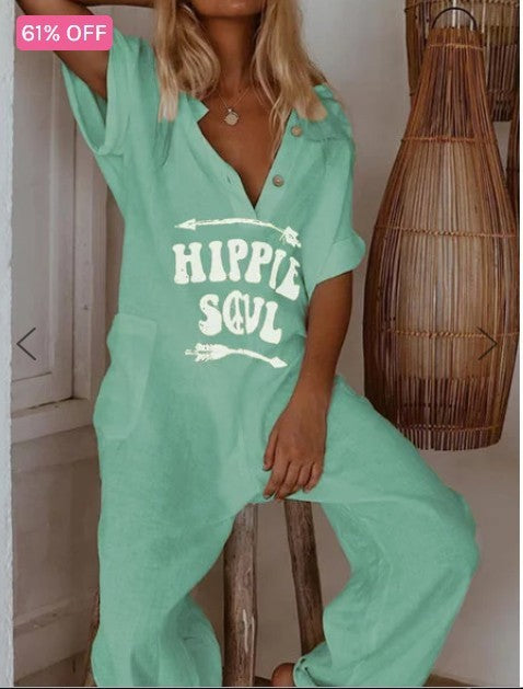 Women's Printed Lettered Casual Jumpsuit