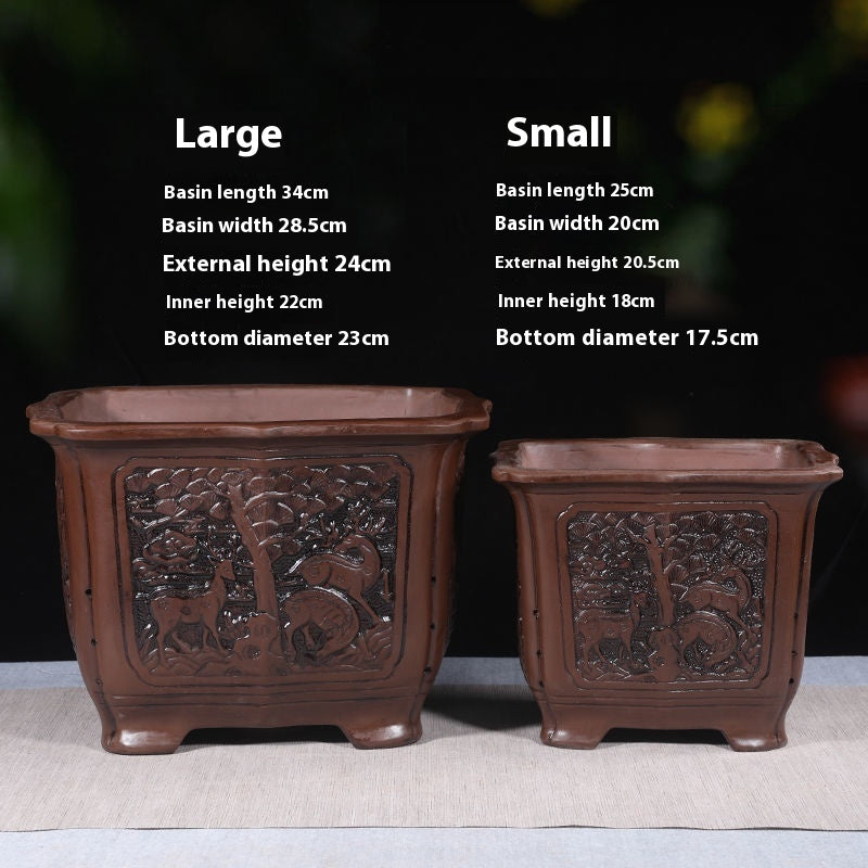 Banyan Flower Pot Purple Sand Relief Pachira Macrocarpa Welcome Pine Happiness Tree Ganoderma Old Pile Extra Large Ceramic Landscape Basin