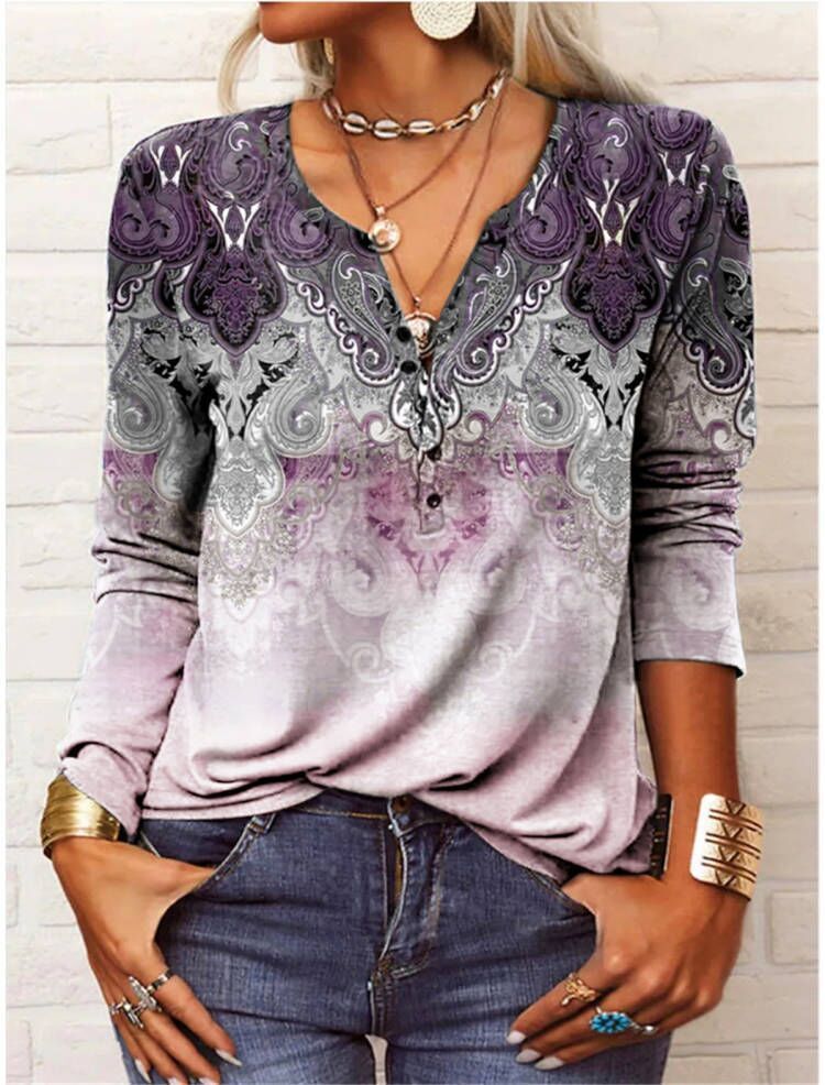 Women's Casual Ethnic Style V-neck Long-sleeved T-shirt