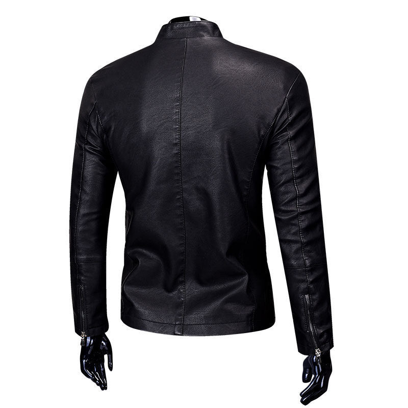 Stand-up collar fur PU leather jacket plus velvet men's jacket