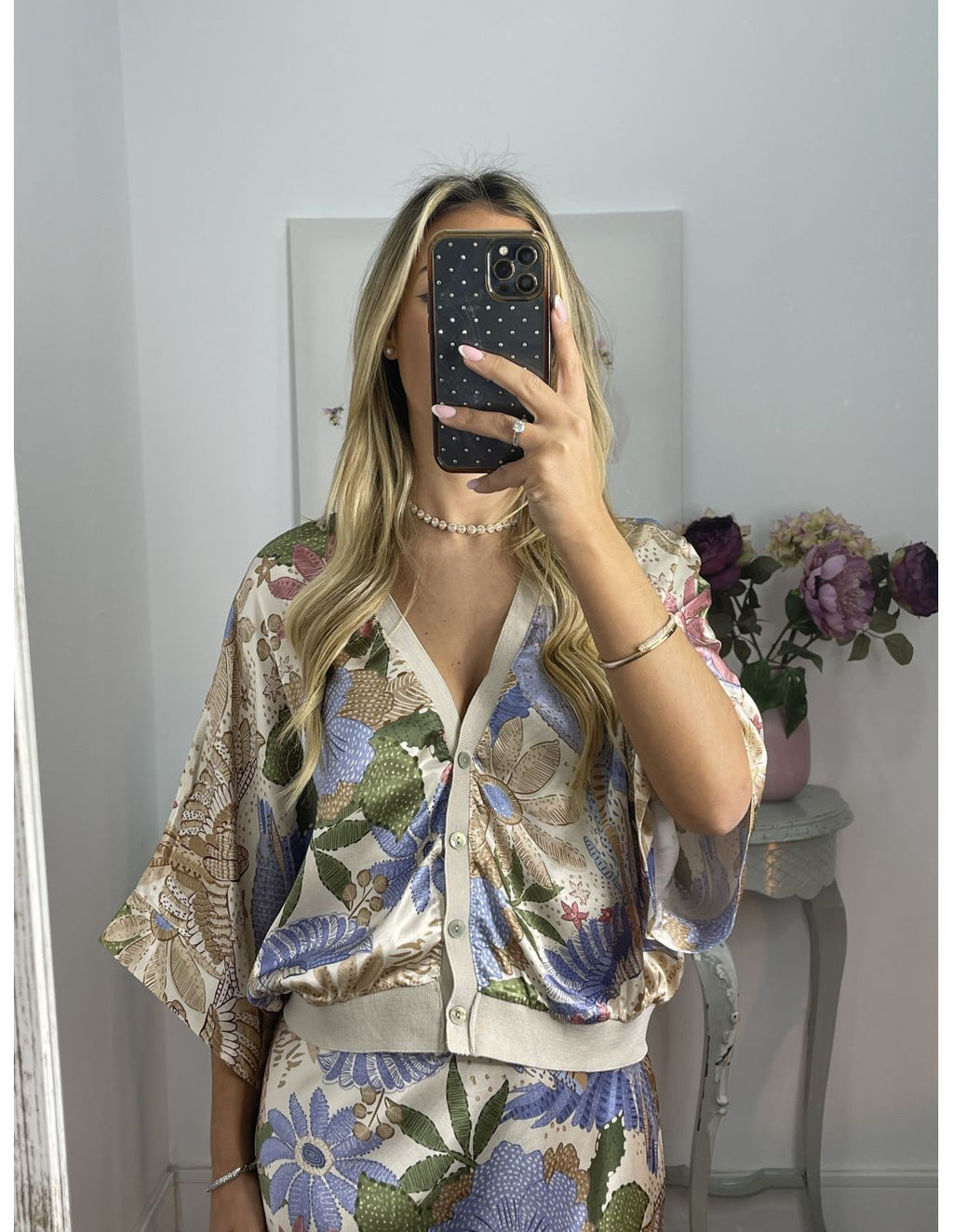 Elegant Home Satin Printed Short Sleeve Wrapped Skirt