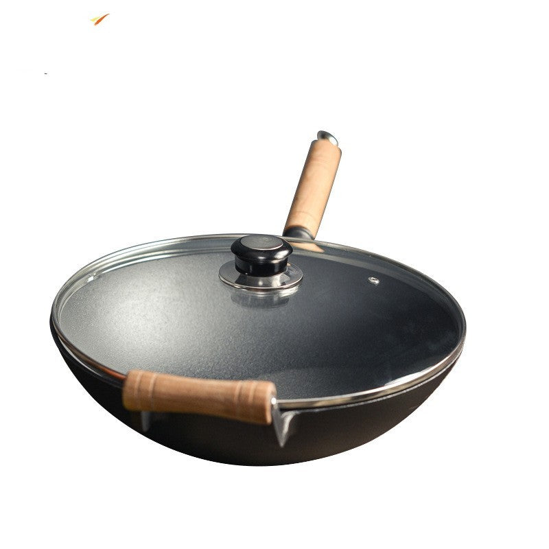 32cm Thick Round Bottom Wooden Handle Non-coated Non-stick Pan