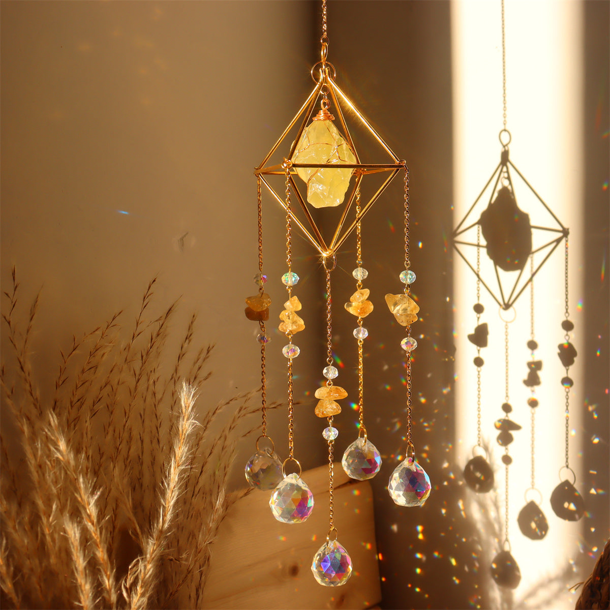 Natural Stone Metal Crystal Ball Wind Chime Pendant