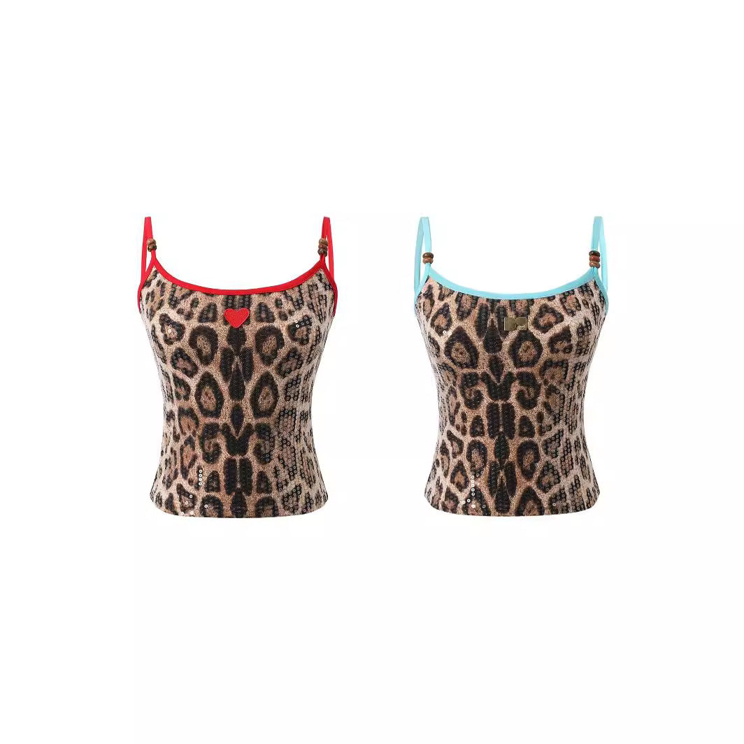 Leopard Print Sweetheart Sequined Vest Contrast Color Sling