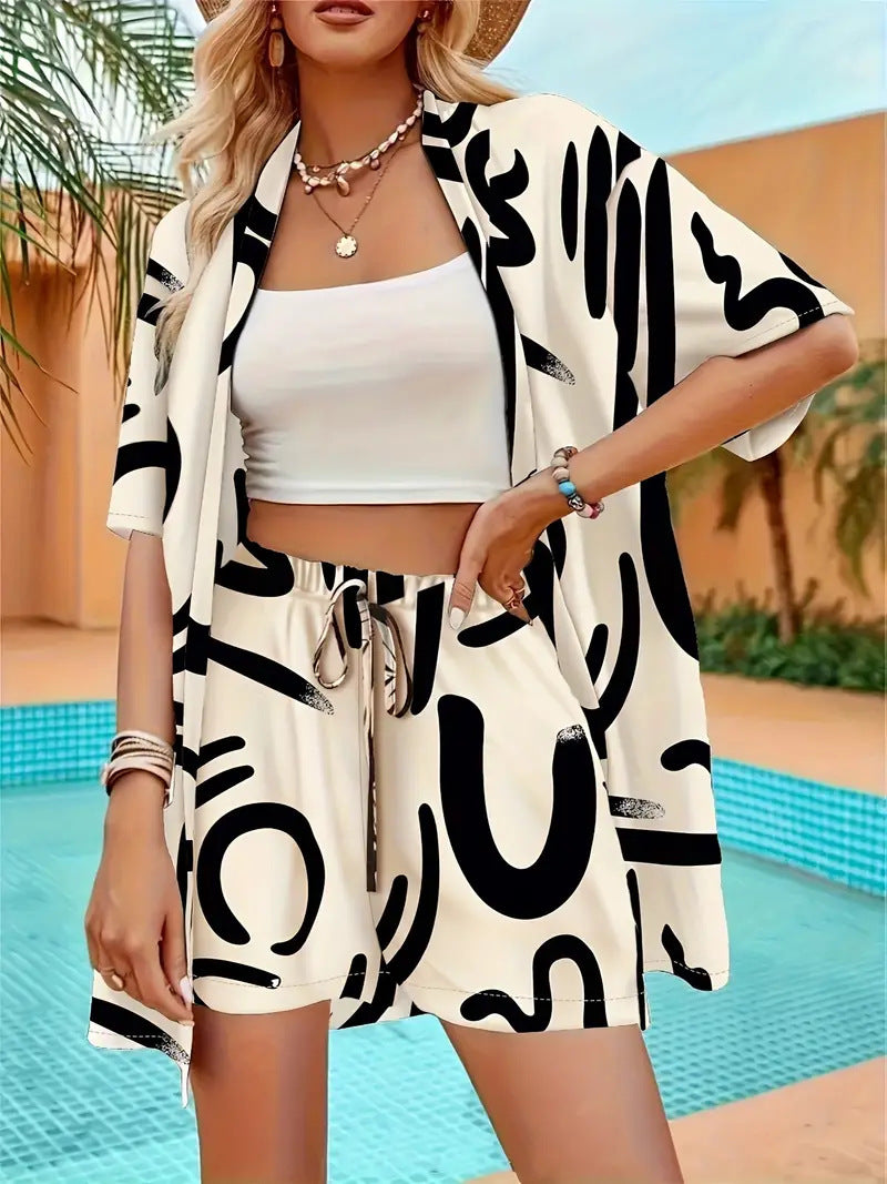 Holiday Floral Print Elegant Two-piece Shirt Short Sleeve Top Drawstring High Waist Shorts