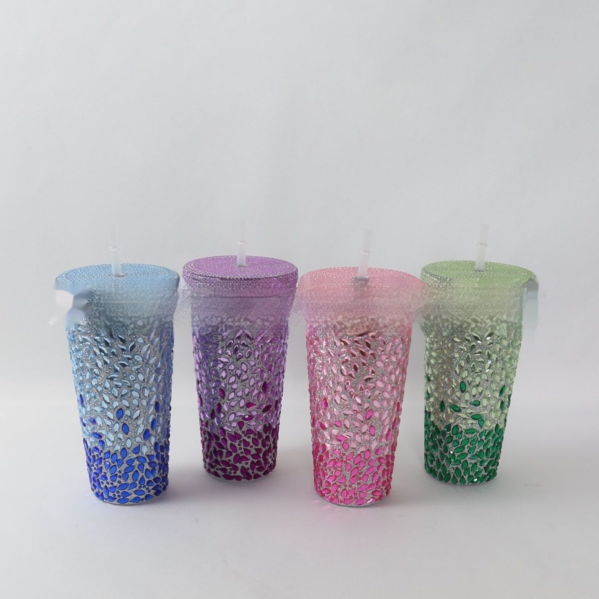 Stick-on Crystals Double-layer Large Capacity Cup With Straw