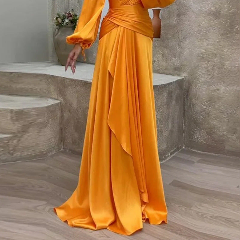 Fitted Waist Pleated Long Sleeve Temperament Slimming Dress